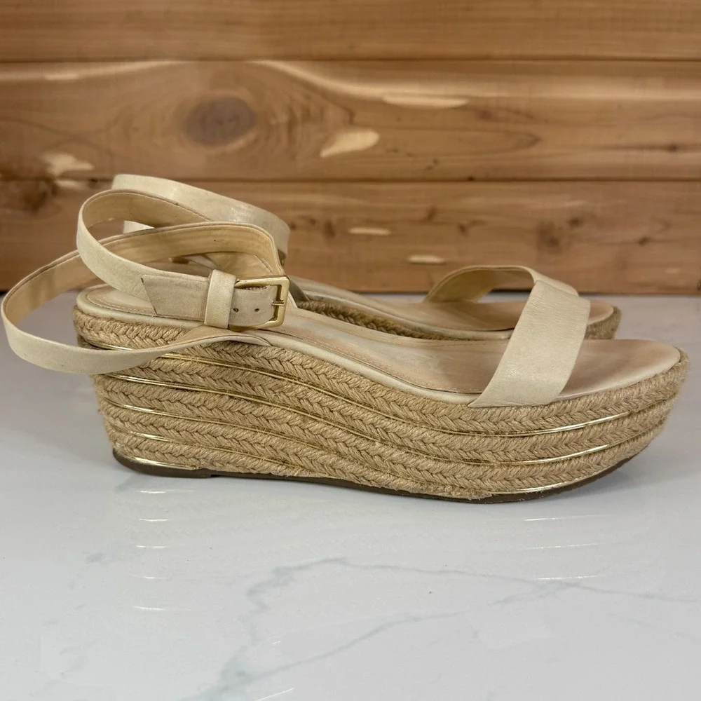 Schutz  Espadrille Wedge Sandals Womens 38/7.5 Gold Trim Cream Leather Summer